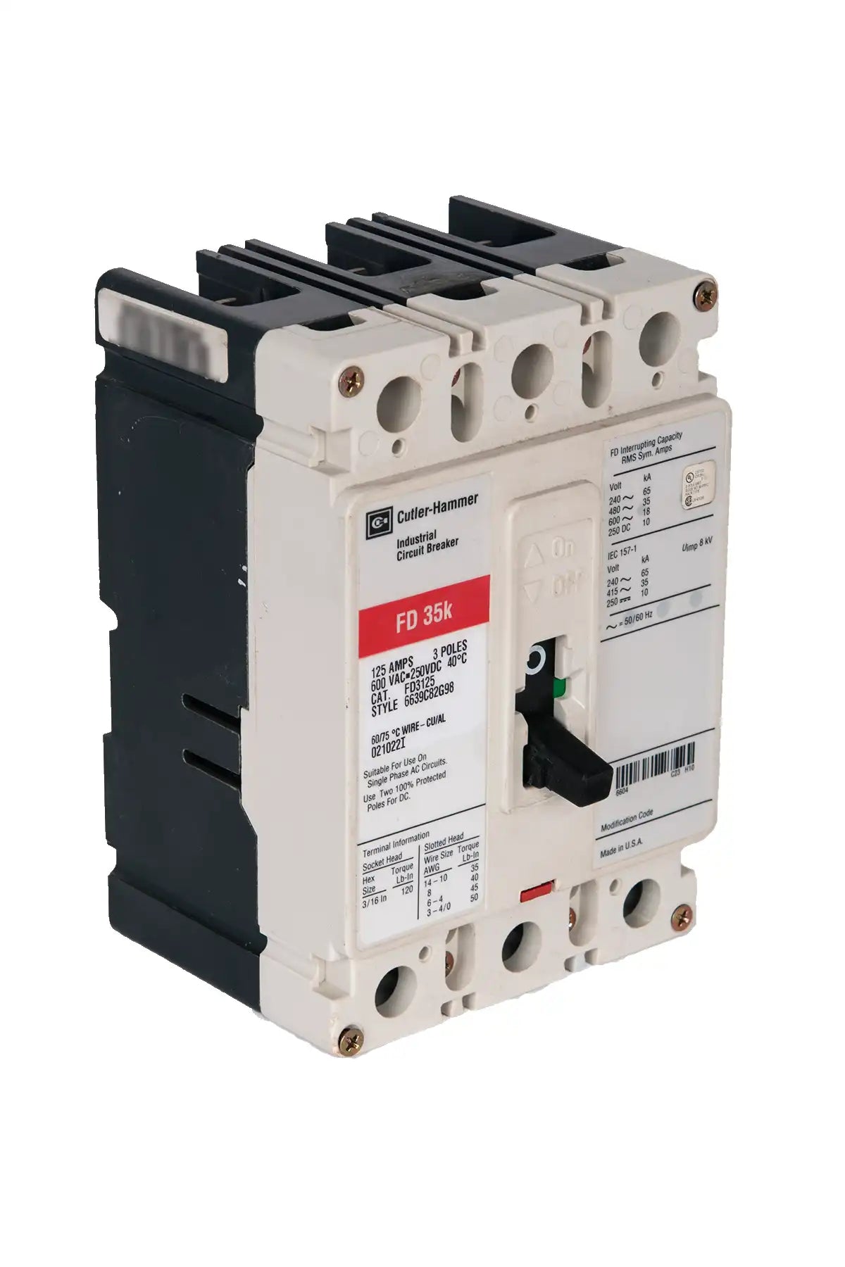 FD3225 Circuit Breaker 3 Pole 225 Amp Eaton CutlerHammer RS Breakers